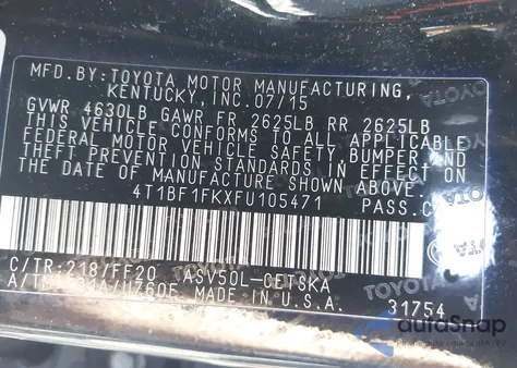 2015 Toyota Camry Se из США, поврежденный, VIN 4T1BF1FKXFU105471